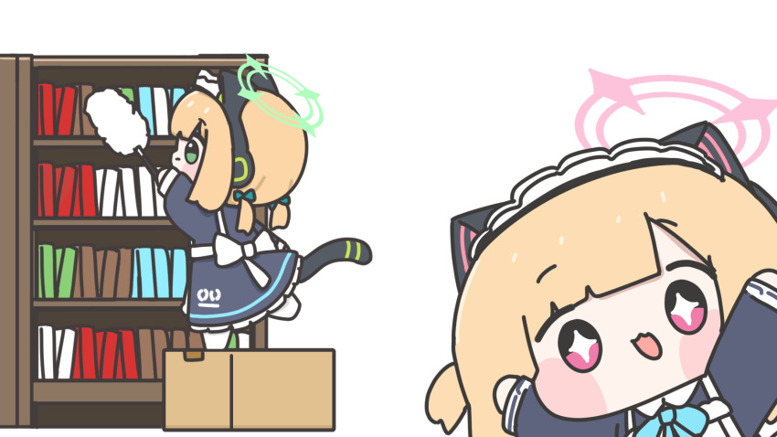 +_+, 2girls, :3, :d, \o/, animal_ear_headphones, animal_ears, apron