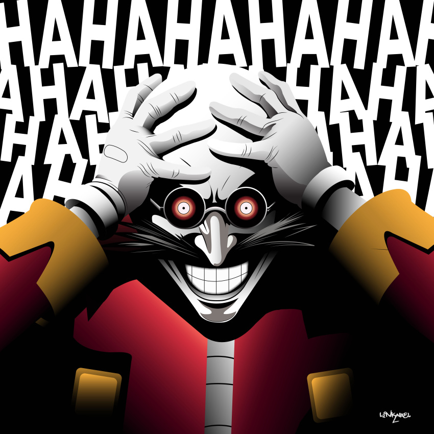 1boy, absurdres, batman_(series), crazy_eyes, crazy_smile, dc_comics, dr._eggman, facial_hair