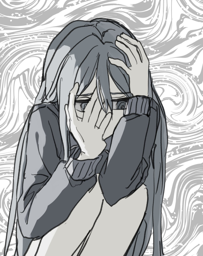 1girl, clutching_head, covering_own_mouth, greyscale, highres, hunched_over, jacket, ji00752