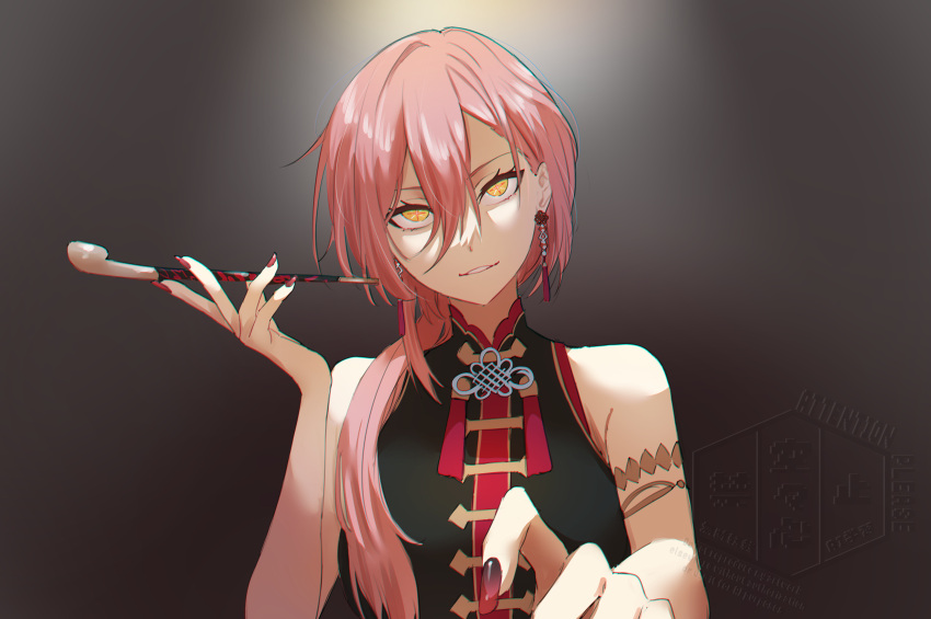 1girl, absurdres, black_dress, blush, braid, braided_ponytail, breasts, dress