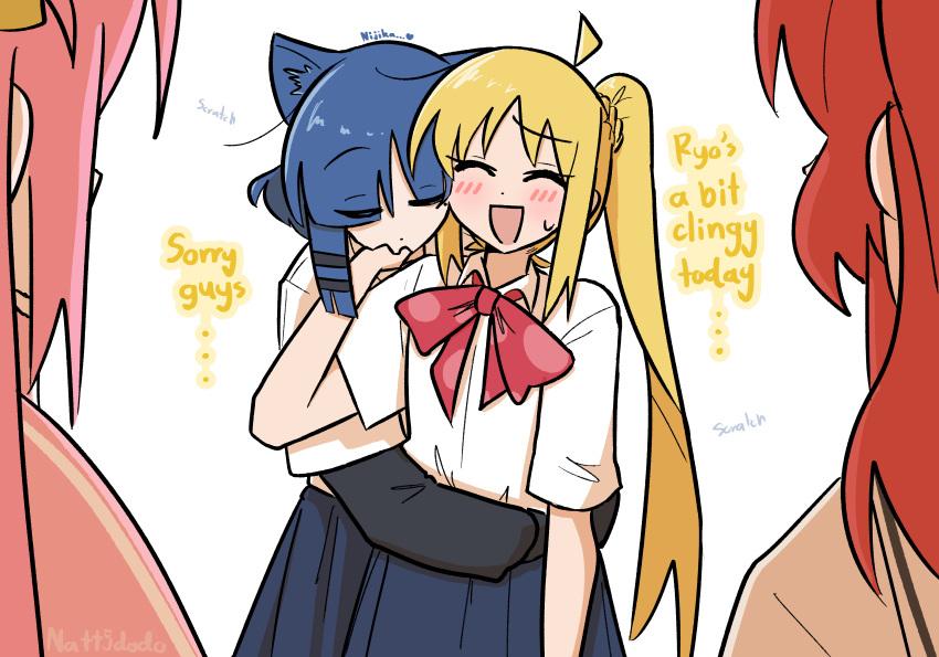 4girls, absurdres, ahoge, animal_ears, blonde_hair, blue_eyes, blue_skirt, blush