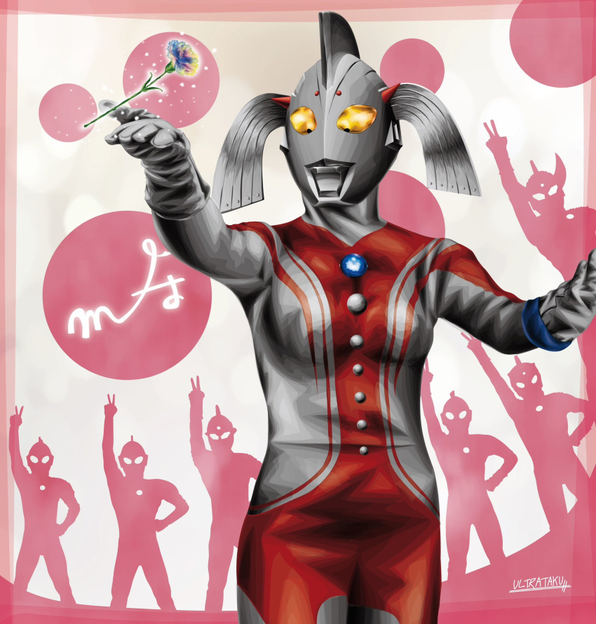 1girl, 6+boys, alien, arm_up, artist_name, bracelet, breasts, buttons