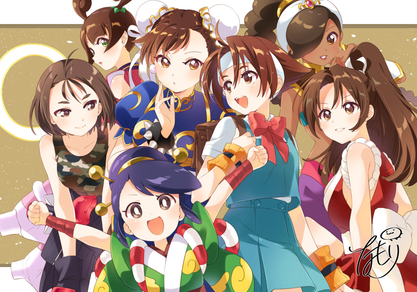 6+girls, :d, :o, absurdres, ayame_(power_stone), bracelet, brown_eyes, brown_hair