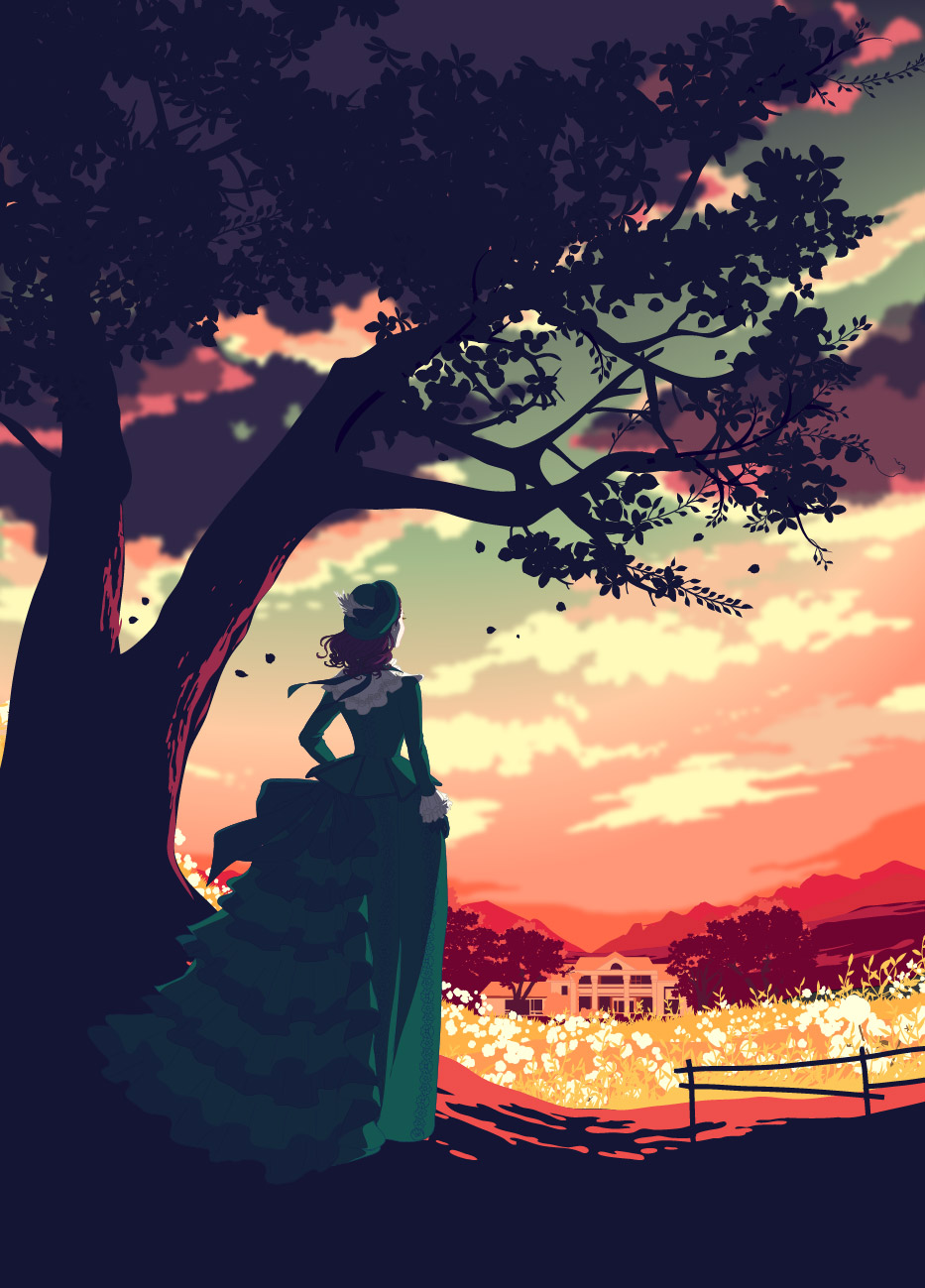 1girl, black_hair, clouds, cloudy_sky, commentary_request, cotton_(plant), dress, gone_with_the_wind