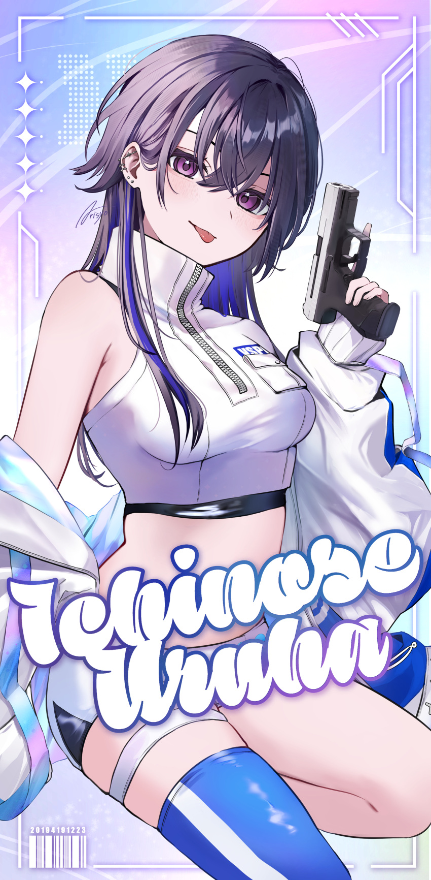1girl, absurdres, arisyooon, asymmetrical_sleeves, barbell_piercing, black_hair, blue_thighhighs, character_name, crop_top, crossed_bangs, ear_piercing, earrings, gun, hair_between_eyes, handgun, highres, holding, holding_gun, holding_weapon, ichinose_uruha, industrial_piercing, jacket, jewelry, long_hair, micro_shorts, midriff_peek, multicolored_hair, off_shoulder, piercing, shirt, shorts, signature, single_bare_shoulder, single_thighhigh, sleeveless, sleeveless_shirt, solo, streaked_hair, thigh-highs, thigh_strap, tongue, tongue_out, violet_eyes, virtual_youtuber, vspo!, vspo!_showdown, weapon, white_jacket