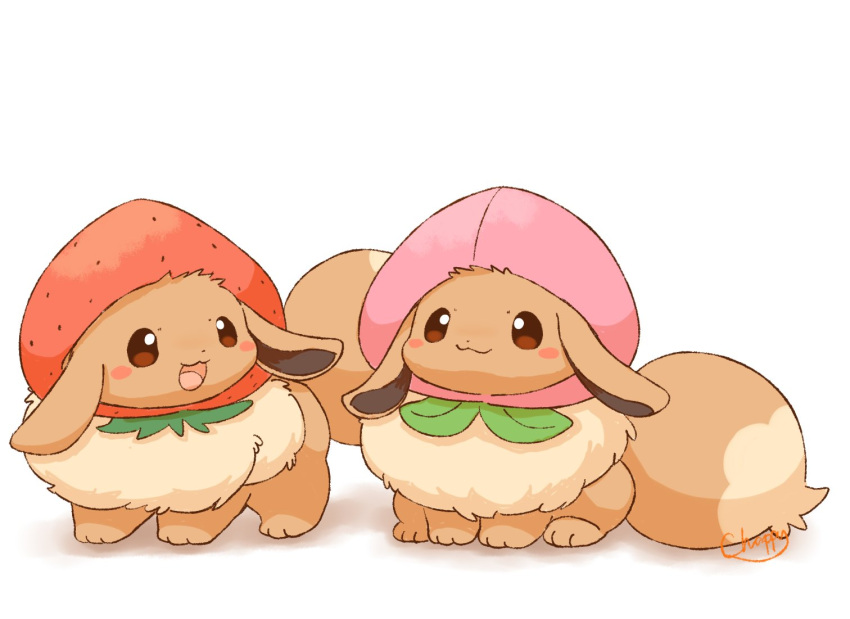 :3, :d, blush_stickers, brown_eyes, brown_fur, closed_mouth, commentary_request, eevee, fruit_costume, mimix, neck_fur, no_humans, open_mouth, pokemon, pokemon_(creature), pokemon_focus, signature, simple_background, smile, strawberry_costume, tail, white_background