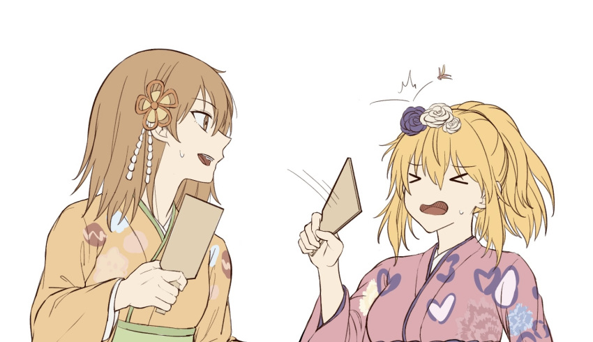 >_<, 2girls, blonde_hair, breasts, brown_hair, flower, hair_flower, hair_ornament