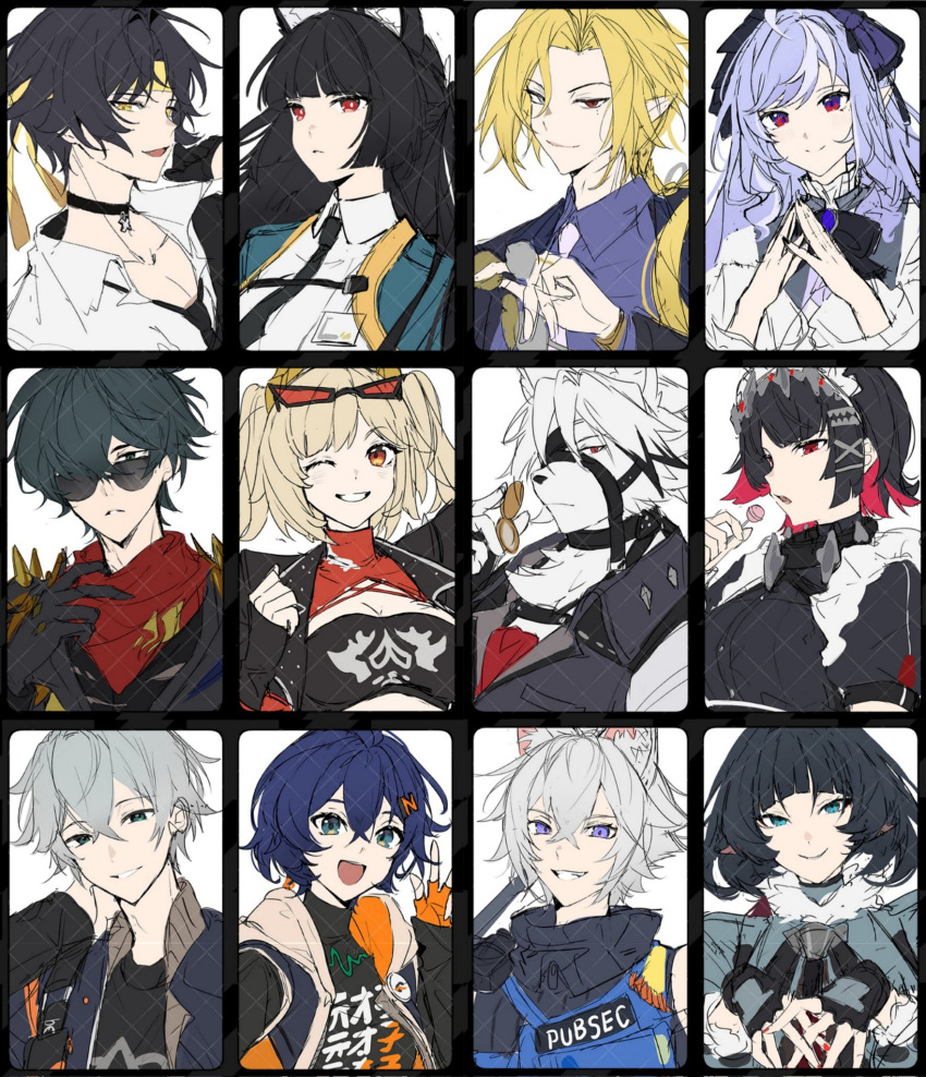 6+boys, 6+girls, animal_ears, asaba_harumasa, belle_(zenless_zone_zero), black_gloves, black_hair, blonde_hair, blue_hair, burnice_white, c_ixxp, candy, cat_boy, cat_ears, ellen_joe, fingerless_gloves, food, fox_ears, fox_girl, furry, furry_male, gloves, grey_hair, hair_between_eyes, hair_ornament, hair_over_one_eye, hairclip, hashtag-only_commentary, headband, highres, hoshimi_miyabi, hugo_vlad, jacket, jane_doe_(zenless_zone_zero), lighter_(zenless_zone_zero), lollipop, long_hair, multicolored_hair, multiple_boys, multiple_girls, one_eye_closed, open_clothes, open_jacket, open_mouth, pointy_ears, red_eyes, red_scarf, scarf, seth_lowell, short_hair, sunglasses, upper_body, violet_eyes, vivian_banshee, von_lycaon, wise_(zenless_zone_zero), wolf_boy, yellow_headband, zenless_zone_zero