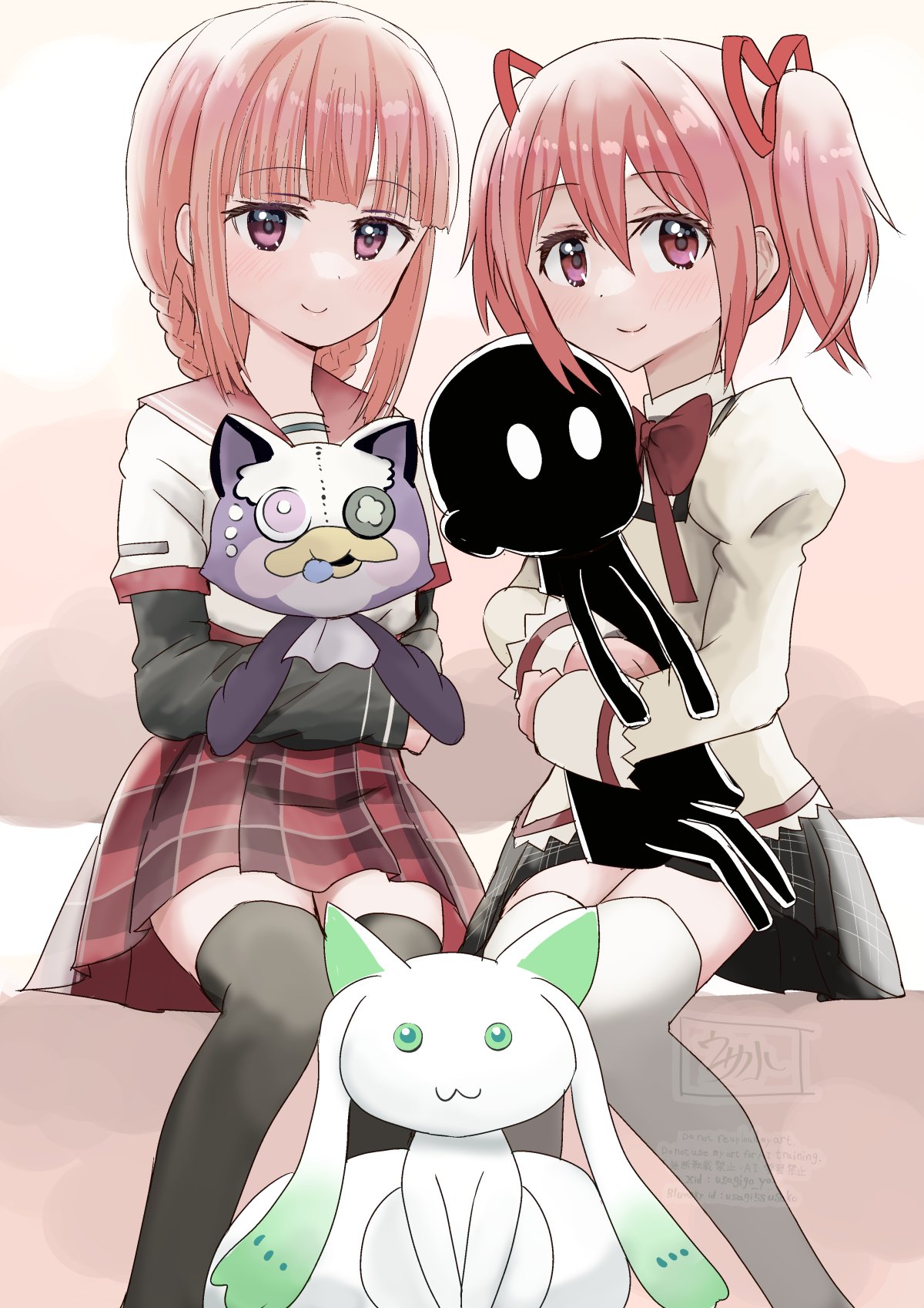 2girls, a-q_(madoka_magica), black_skirt, black_sleeves, black_thighhighs, blunt_bangs, bow, bowtie