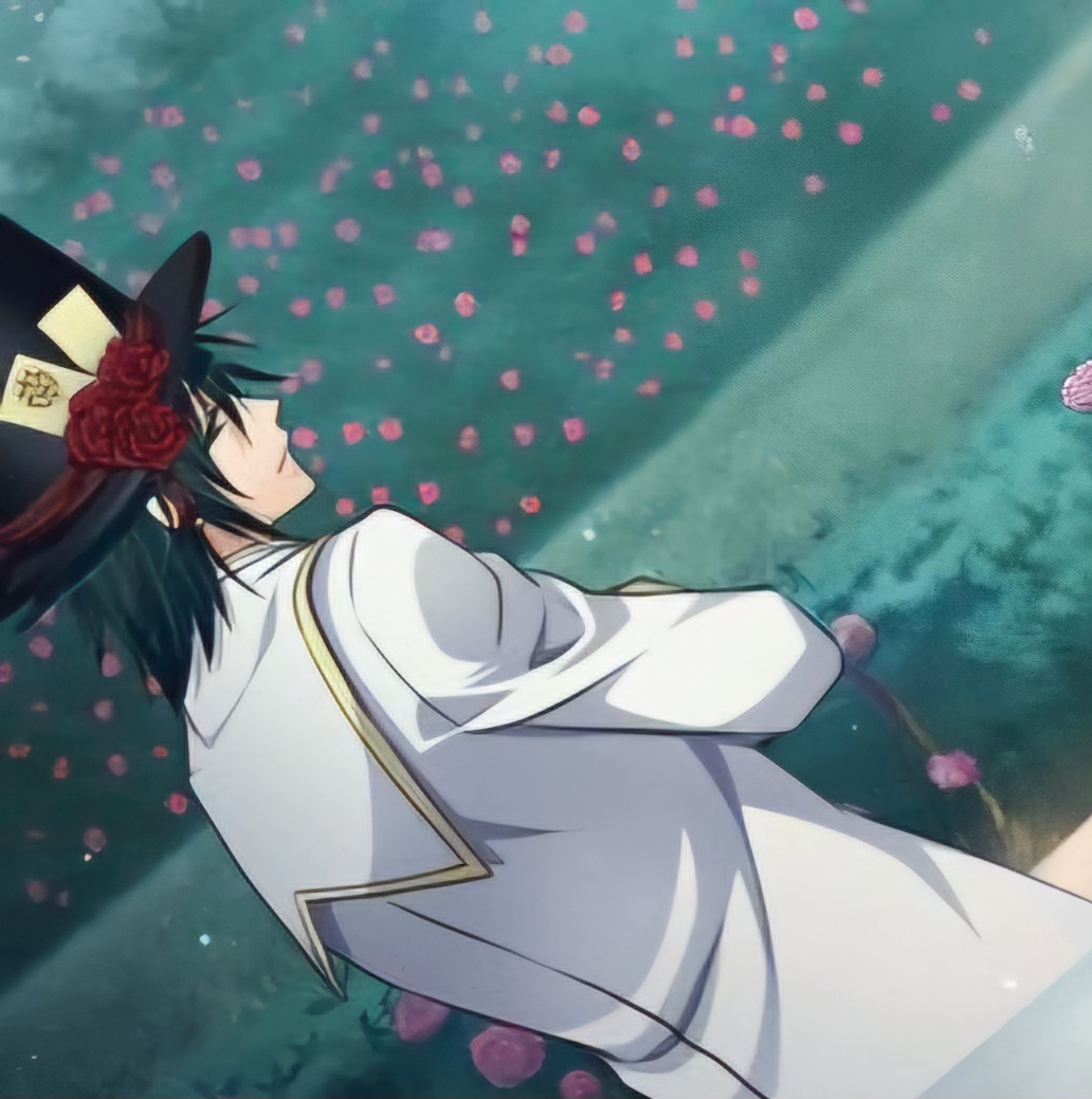 blood_dupre, from_back, from_behind, garden, green_eyes, heart_no_kuni_no_alice, mad_hatter_(alice_in_wonderland), non-web_source, silk_hat, suit, upper_body, white_suit