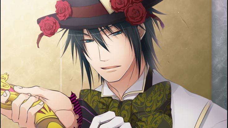 blood_dupre, blue_green_eyes, focus_on_face, gloves, heart_no_kuni_no_alice, mad_hatter_(alice_in_wonderland), non-web_source, portrait, suit, white_suit