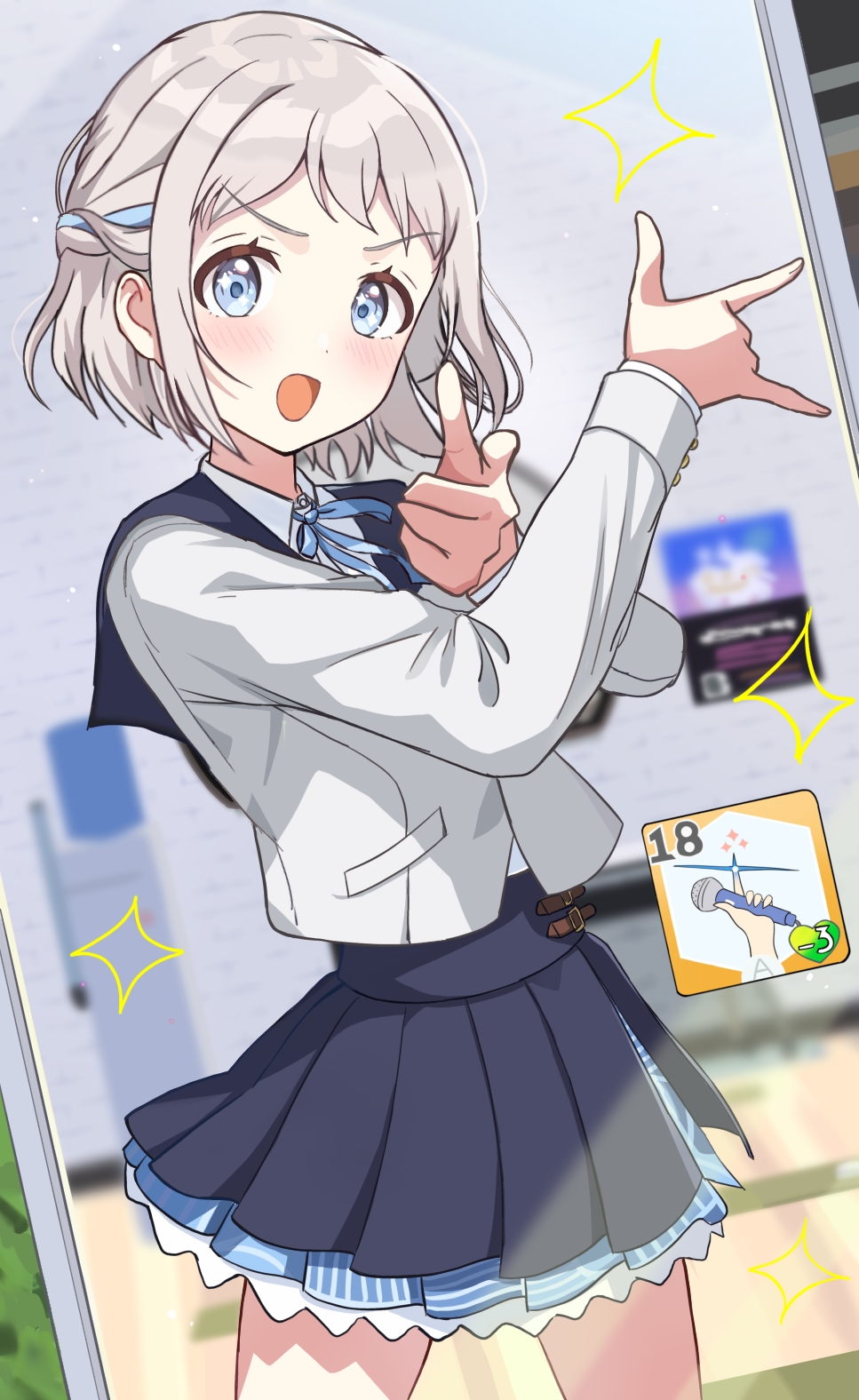 1girl, blue_eyes, blue_ribbon, blue_skirt, blush, braid, commentary_request, crouching_start