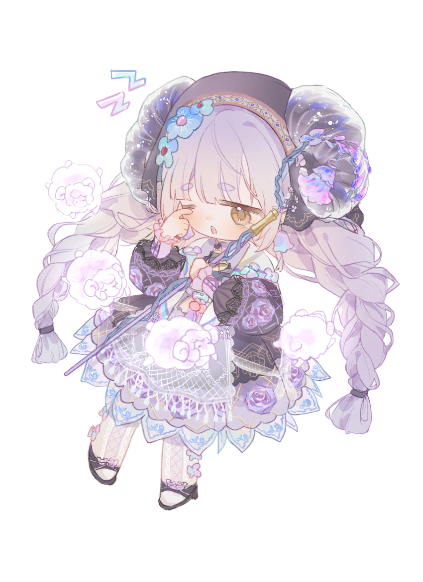 1girl, absurdres, apron, azi_butaizi, black_headscarf, black_jacket, black_shoes, blue_flower