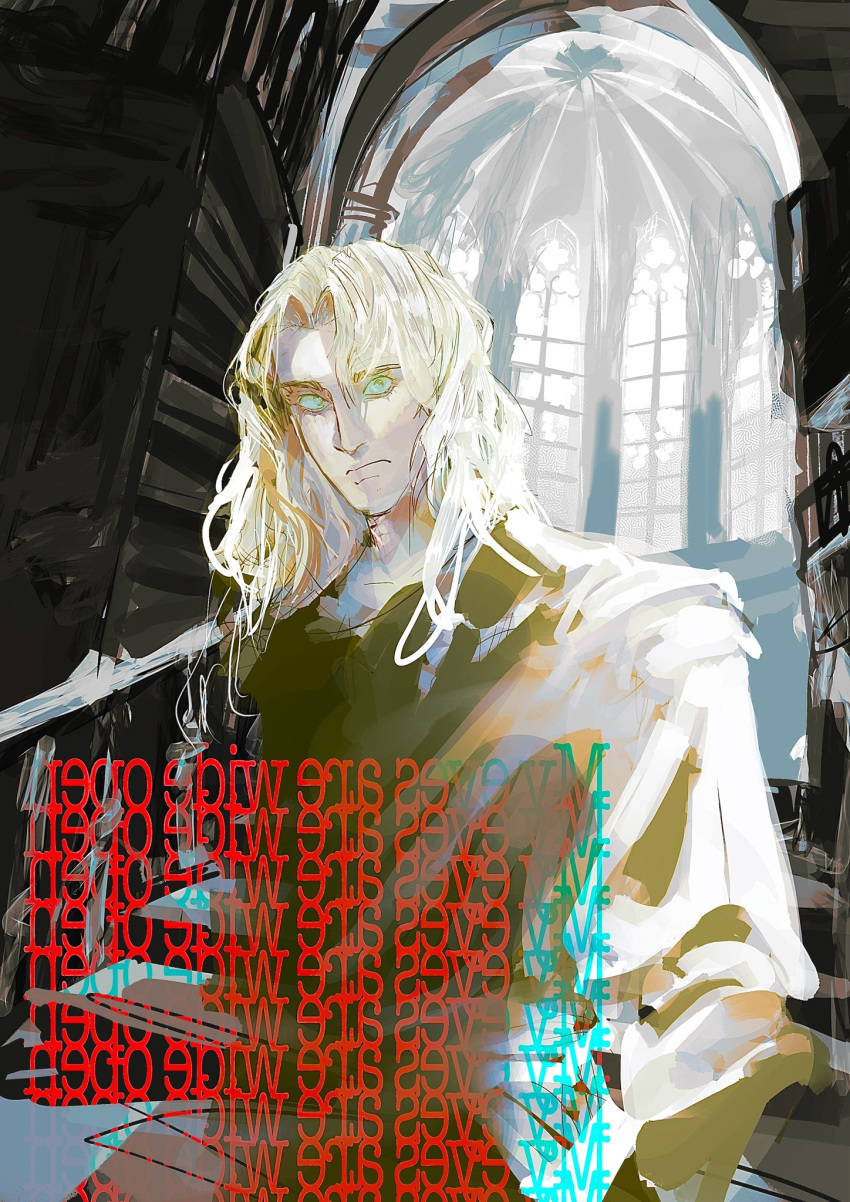 1boy, backwards_text, blue_eyes, church, english_text, frown, gabriel_(mandela_catalogue), highres