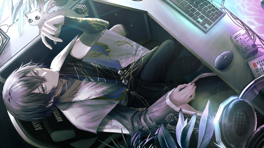 1boy, absurdres, arm_up, black_pants, black_shirt, blue_eyes, blue_hair, cable