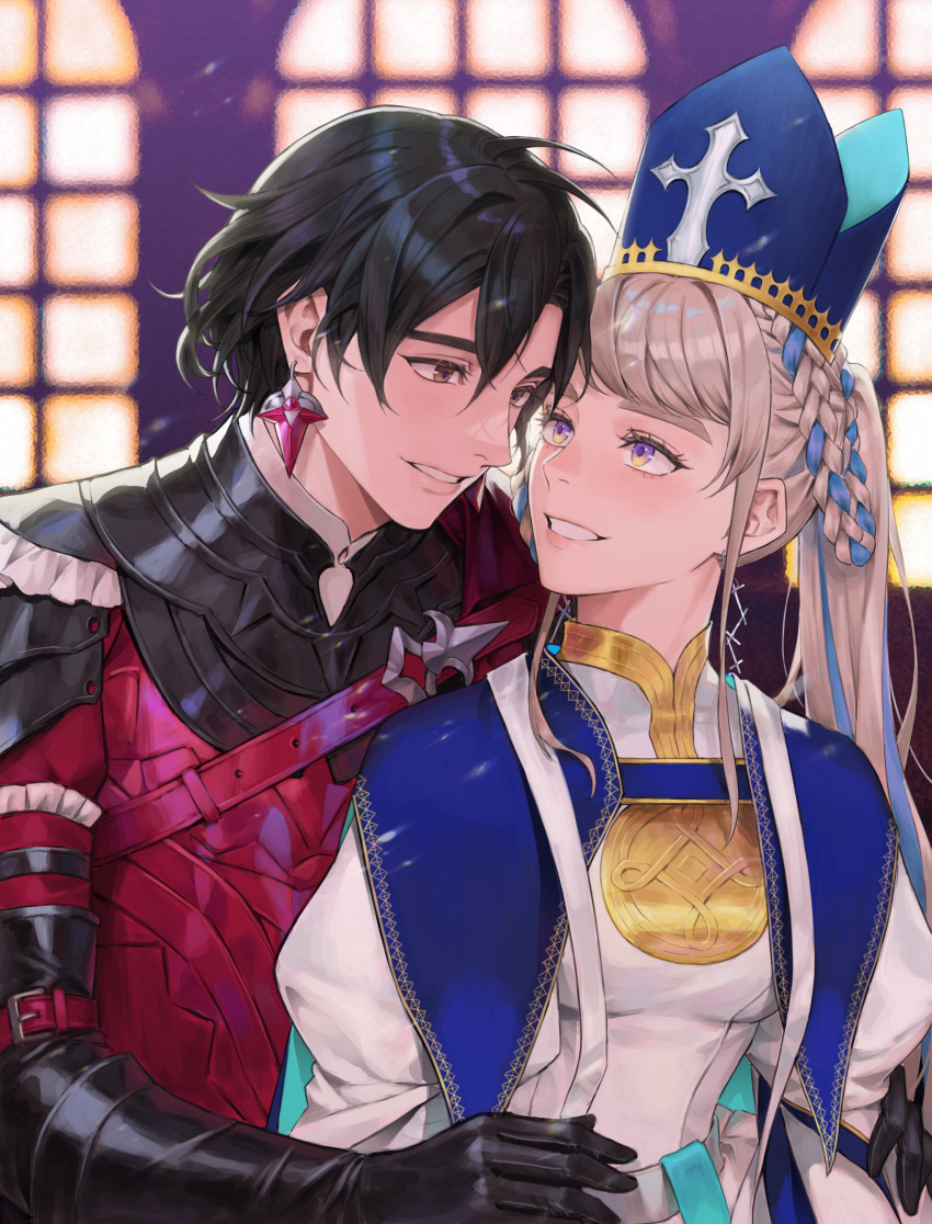 1boy, 1girl, absurdres, arm_belt, black_gloves, black_hair, blue_cape, blue_hair