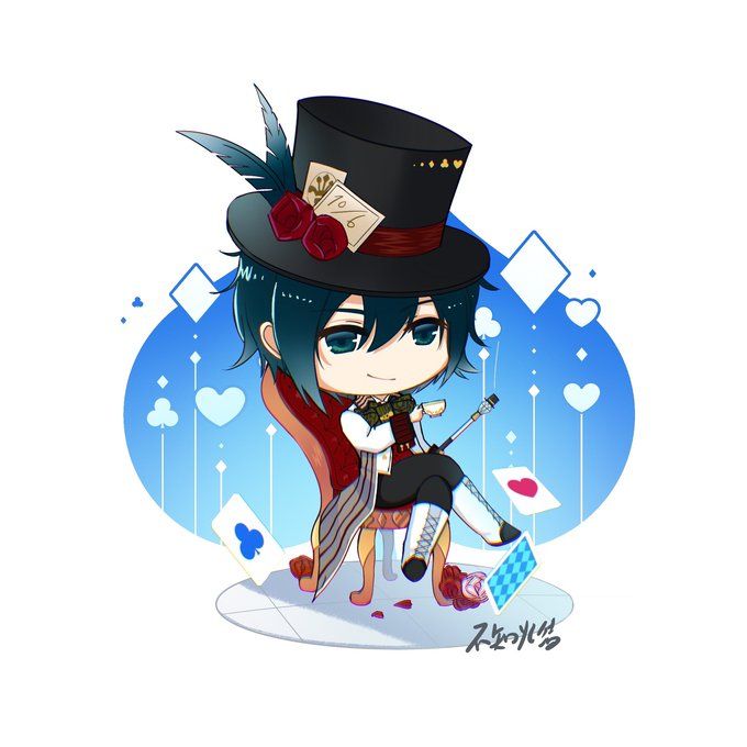black_hair, black_pants, blood_dupre, chibi, crossed_legs, full_body, green_eyes, heart_no_kuni_no_alice