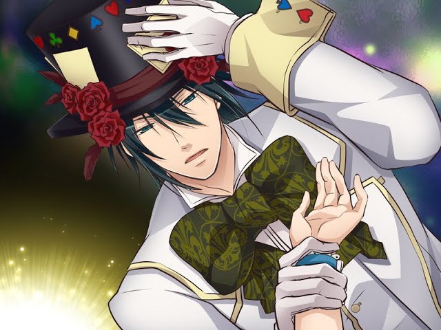 black_hair, blood_dupre, gloves, green_eyes, heart_no_kuni_no_alice, holding_hands, looking_at_viewer, mad_hatter_(alice_in_wonderland)