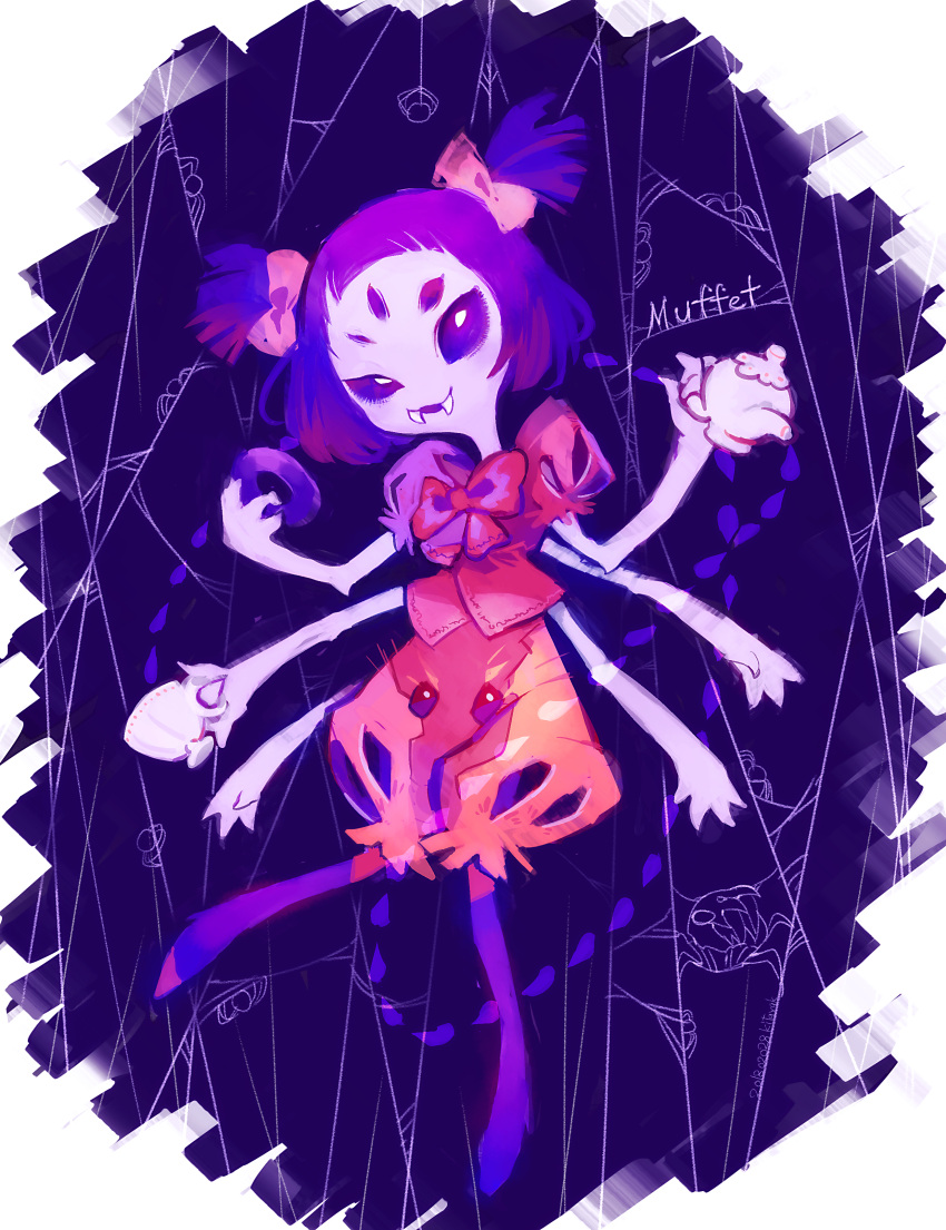 1girl, absurdres, character_name, cup, doughnut, extra_arms, extra_eyes, fangs