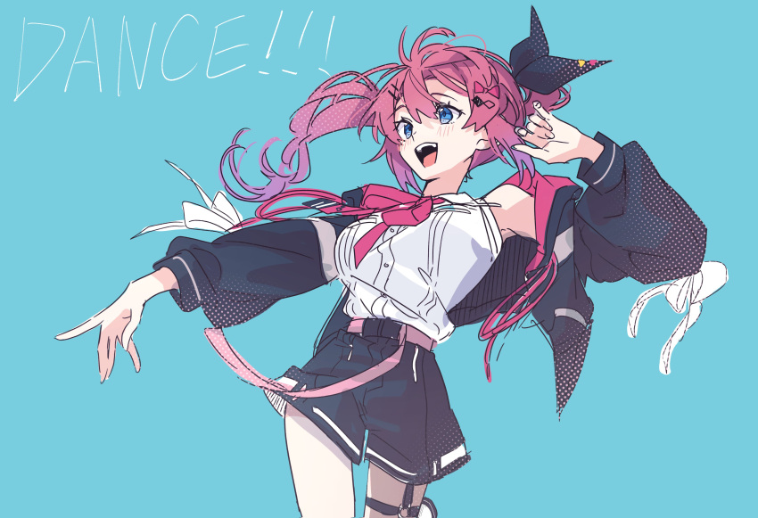 1girl, absurdres, black_jacket, black_shorts, blue_background, blush, cowboy_shot, dress_shirt