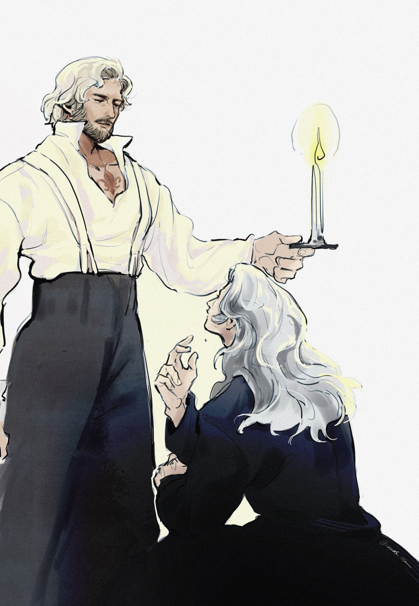 2boys, absurdres, beard, black_pants, black_shirt, candle, candlestand, chest_tattoo