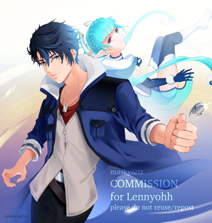 1boy, 1girl, artist_name, black_hair, blue_eyes, blue_hair, blunt_bangs, braid