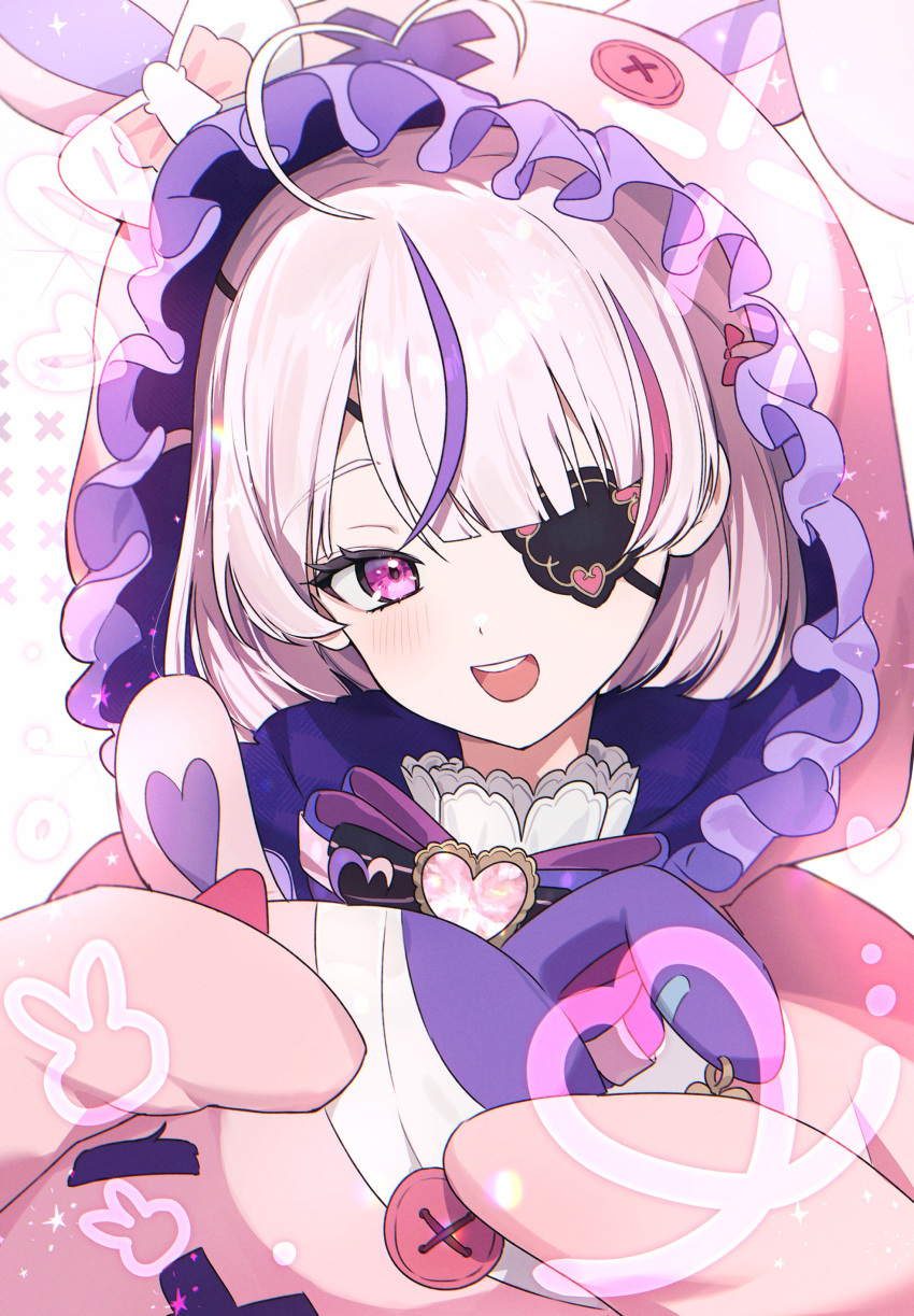 1girl, :d, absurdres, ahoge, blush, cosplay, eyepatch, heart, heart_ahoge, highres, hood, hood_up, kigurumi, maria_marionette, maria_marionette_(4th_costume), medium_hair, multicolored_hair, nijisanji, nijisanji_en, onesie, pink_eyes, pink_hair, smile, solo, sparkle, streaked_hair, virtual_youtuber, zzangto
