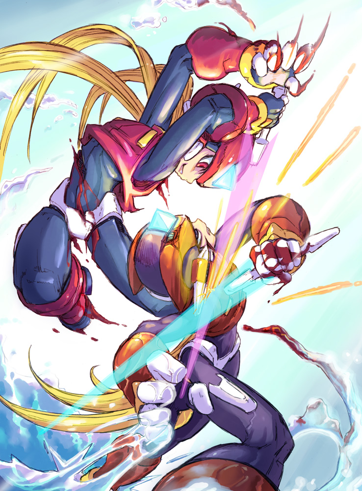 android, blonde_hair, blood, blue_eyes, capcom, energy_blade, glowing, helmet