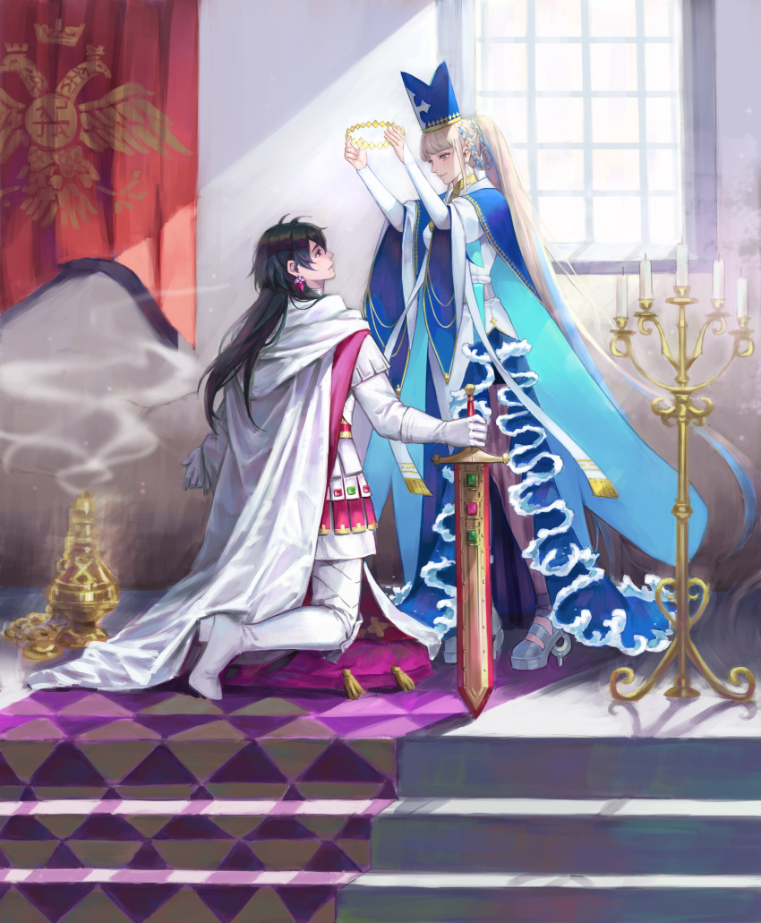 1boy, 1girl, absurdres, arms_up, banner, black_hair, blue_cape, blue_hair