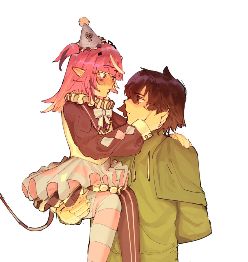 1boy, 1girl, black_hair, blush, bow, bowtie, camila_(vtuber), carrying