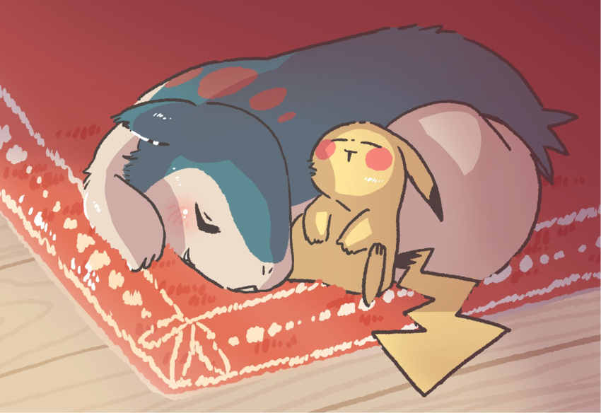 2others, atelier_macaron, blush_stickers, brown_background, closed_eyes, highres, multiple_others, on_rug, open_mouth, pikachu, pokemon, pokemon_(creature), red_background, rug, sleeping, sleeping_on_person, sleeping_on_pokemon, sleeping_together, sleeping_upright, tagme, typhlosion, yellow_background