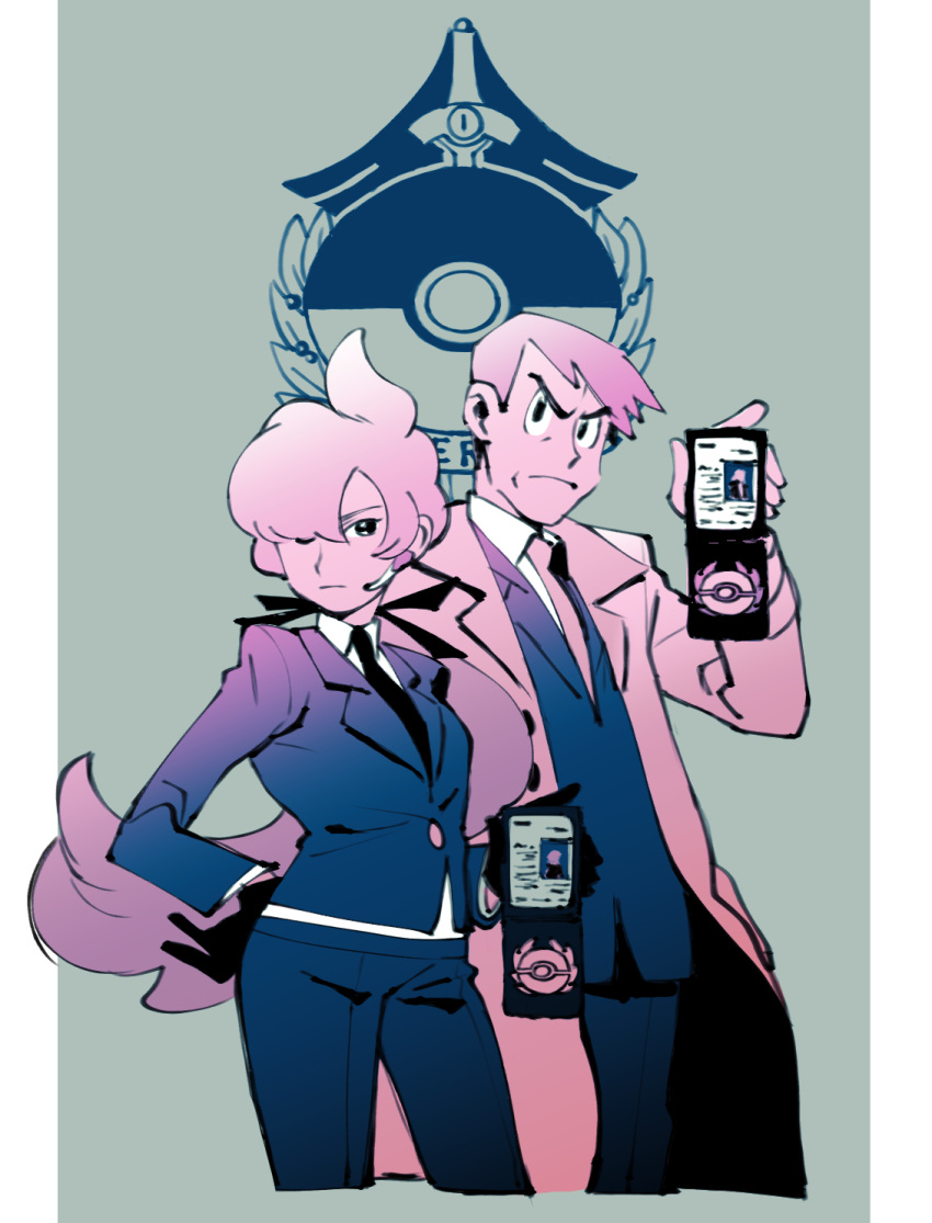 1boy, 1girl, anabel_(pokemon), badge, black_gloves, black_necktie, coat, collared_shirt
