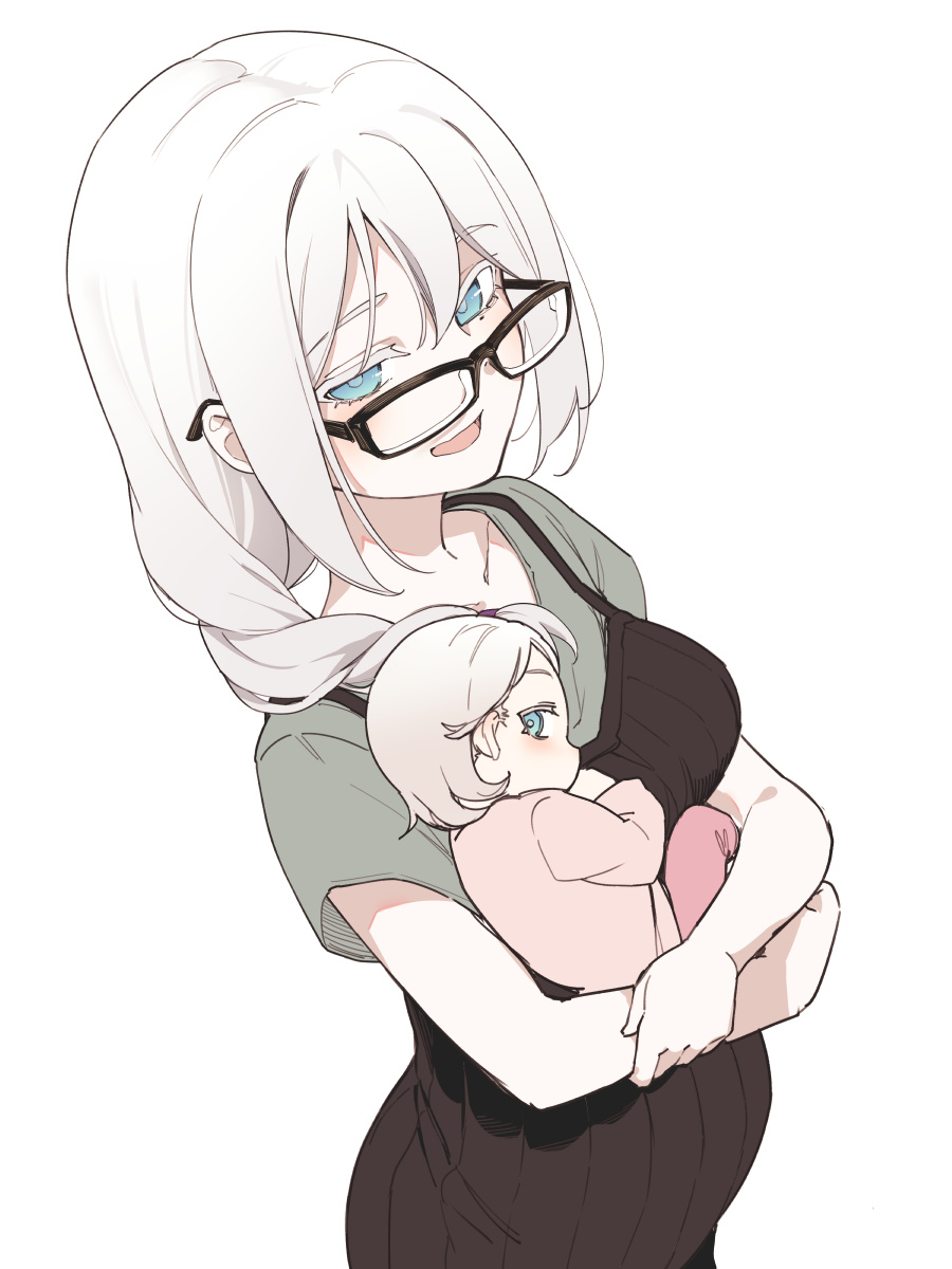 1girl, 1other, asutora, asutora-chan, baby, black-framed_eyewear, blue_eyes, braid
