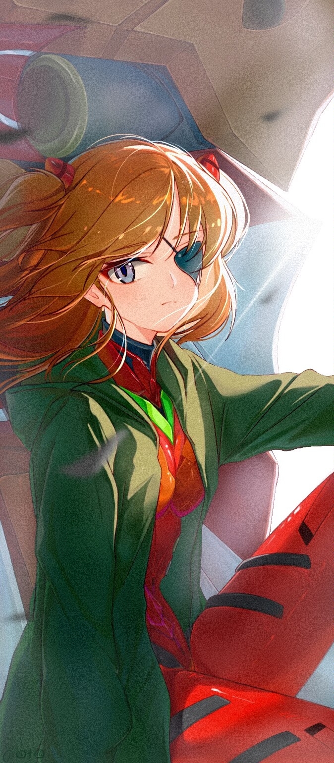1girl, backlighting, blue_eyes, bodysuit, breasts, chinese_commentary, commentary_request, eva_02, evangelion:_3.0+1.0_thrice_upon_a_time, eyepatch, film_grain, frown, green_jacket, highres, hood, hooded_jacket, interface_headset_(evangelion), jacket, mecha, mecha_pilot_suit, neon_genesis_evangelion, orange_hair, plugsuit_(evangelion), rebuild_of_evangelion, red_bodysuit, robot, sishisi, small_breasts, solo, souryuu_asuka_langley, two_side_up