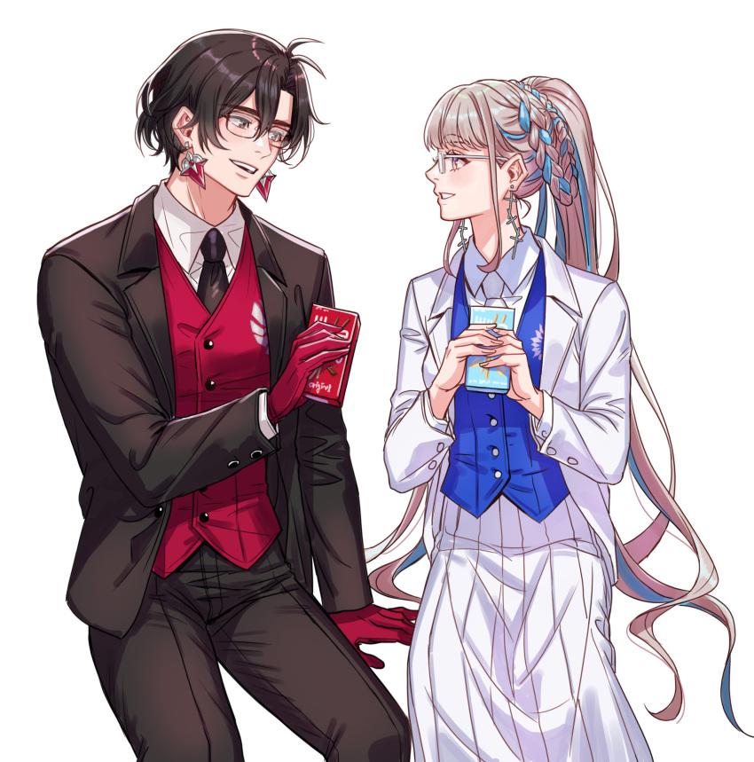 1boy, 1girl, alternate_costume, arm_support, black-framed_eyewear, black_hair, black_jacket, black_necktie