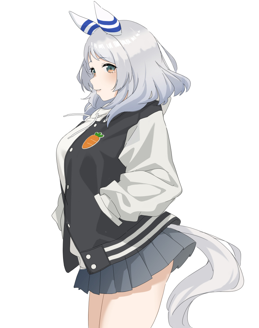 1girl, absurdres, animal_ears, black_jacket, breasts, ear_covers, from_side, grey_eyes