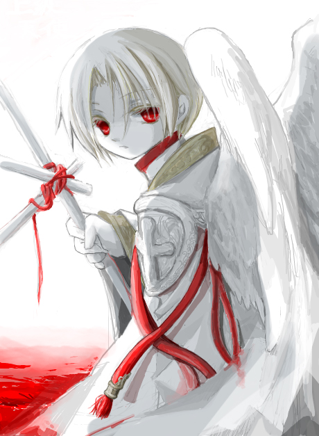 angel_wings, archangel_(baroque), baroque_(series), blonde_hair, cross, empty_eyes, holding, holding_staff