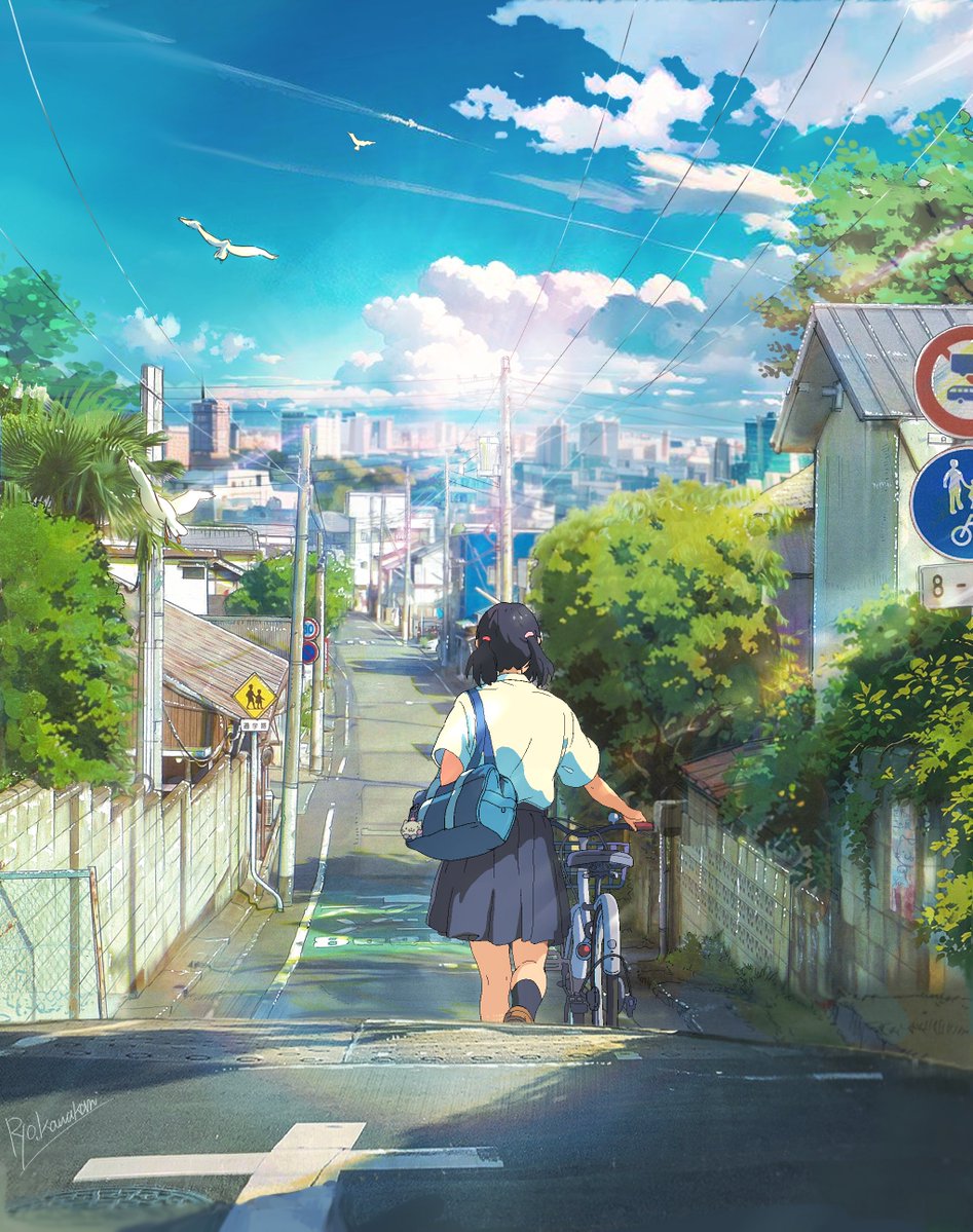1girl, bag, bicycle, bird, black_hair, black_socks, blue_bag, blue_skirt