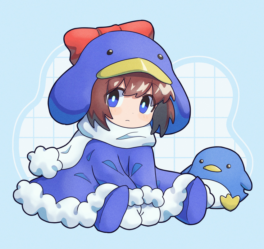 1girl, abstract_background, animal, bird, blue_eyes, blue_hat, blue_shoes, brown_hair