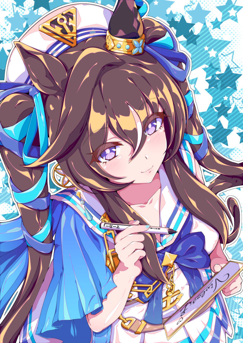 1girl, animal_ears, beret, blue_bow, blue_bowtie, blue_capelet, blue_ribbon, bow