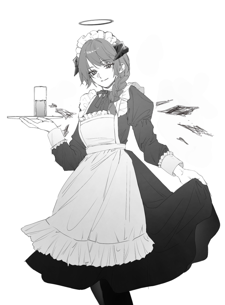 1girl, absurdres, alternate_costume, alternate_hairstyle, apron, arknights, arknights_yuu12, braid, commentary, cup, demon_horns, dress, drinking_glass, energy_wings, enmaided, feet_out_of_frame, frilled_apron, frilled_headwear, frills, greyscale, halo, hand_up, highball_glass, highres, holding, holding_tray, horns, juliet_sleeves, light_smile, long_dress, long_sleeves, looking_at_viewer, maid, maid_apron, maid_day, maid_headdress, medium_hair, monochrome, mostima_(arknights), neck_ribbon, puffy_sleeves, ribbon, sidelocks, simple_background, single_braid, sketch, skirt_hold, sleeve_cuffs, solo, standing, traditional_halo, tray, white_background