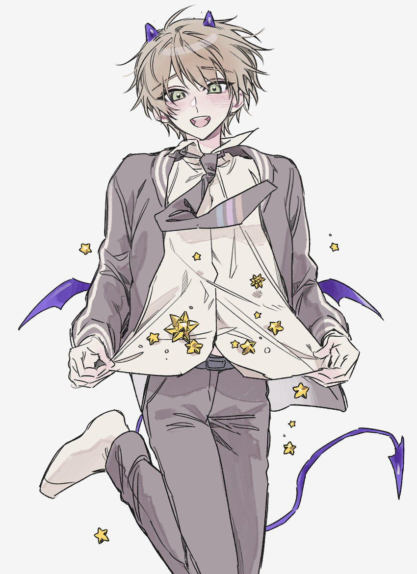 1boy, :d, belt, black_belt, blush, brown_hair, clothes_lift, collared_shirt
