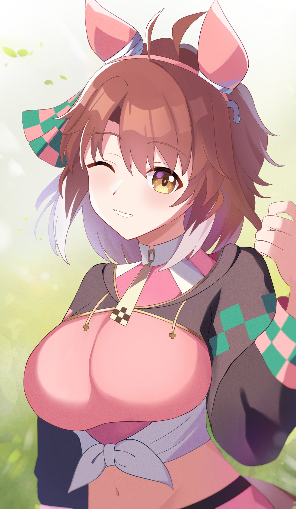 1girl, ahoge, blurry, blurry_background, blush, breasts, brown_eyes, brown_hair