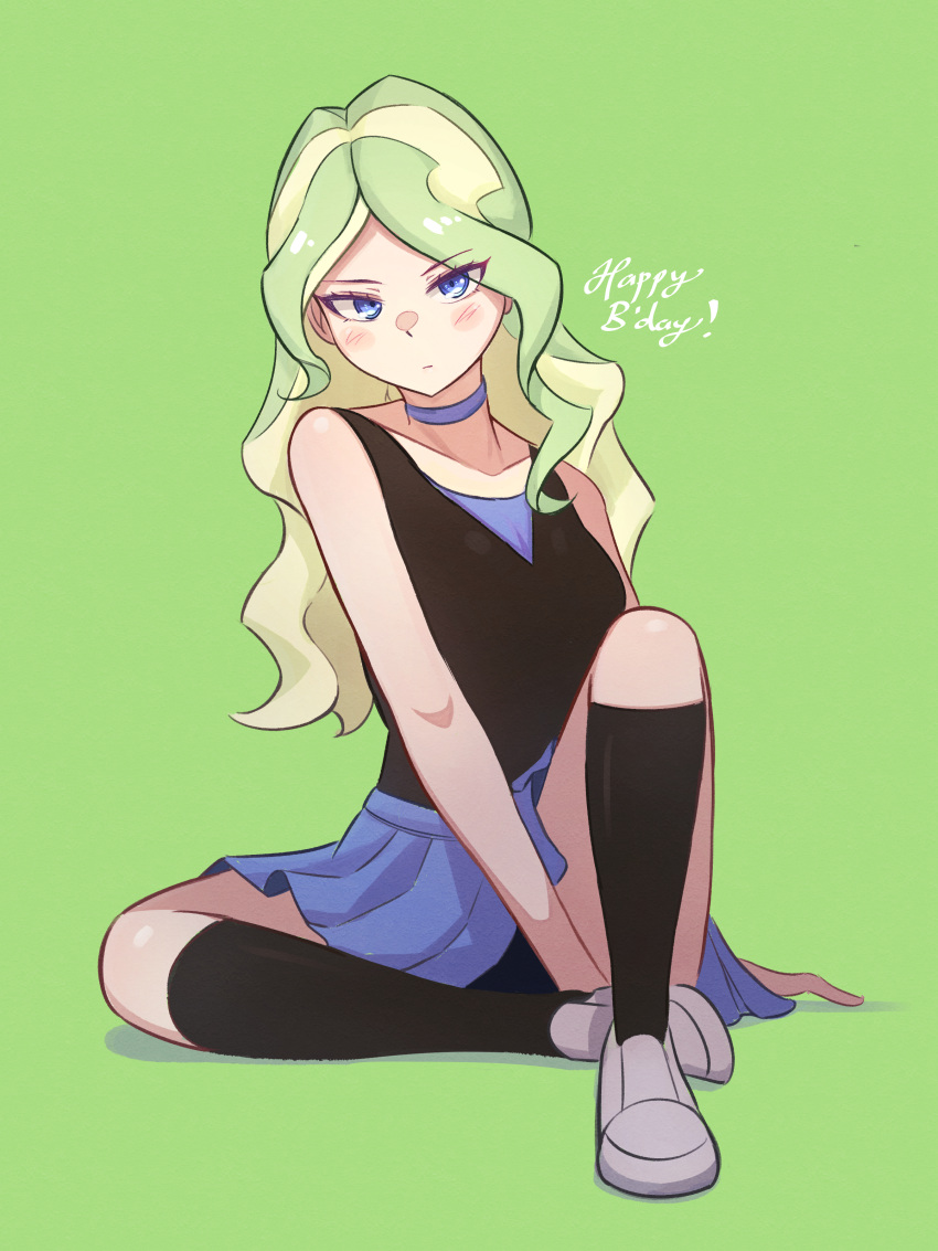 1girl, absurdres, black_shirt, black_socks, blonde_hair, blue_choker, blue_eyes, blue_skirt