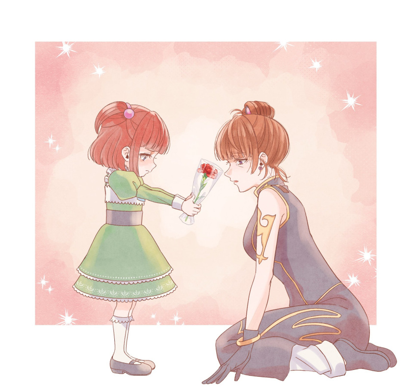 2girls, aged_down, arm_tattoo, aunt_and_niece, black_gloves, black_shoes, blue_eyes, blush