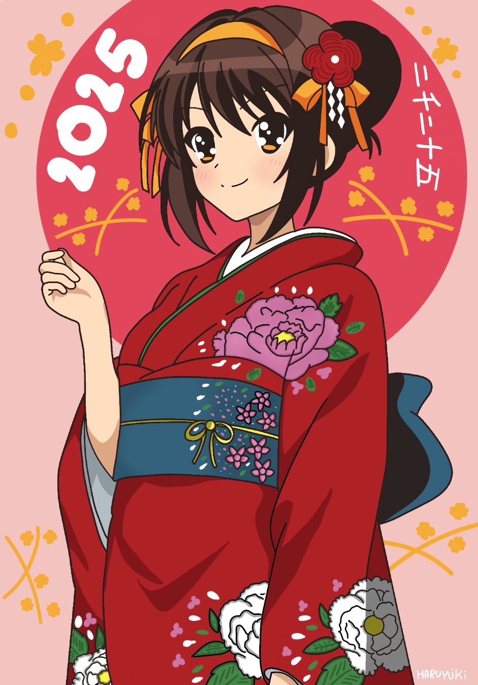 1girl, 2025, brown_eyes, brown_hair, closed_mouth, floral_print, floral_print_kimono, flower, hair_flower, hair_ornament, hair_ribbon, hairband, hand_up, highres, japanese_clothes, kimono, looking_at_viewer, new_year, obi, orange_hairband, print_kimono, red_flower, red_kimono, ribbon, sash, simple_background, smile, solo, suzumiya_haruhi, suzumiya_haruhi_no_yuuutsu, wide_sleeves, yuiyu_ki