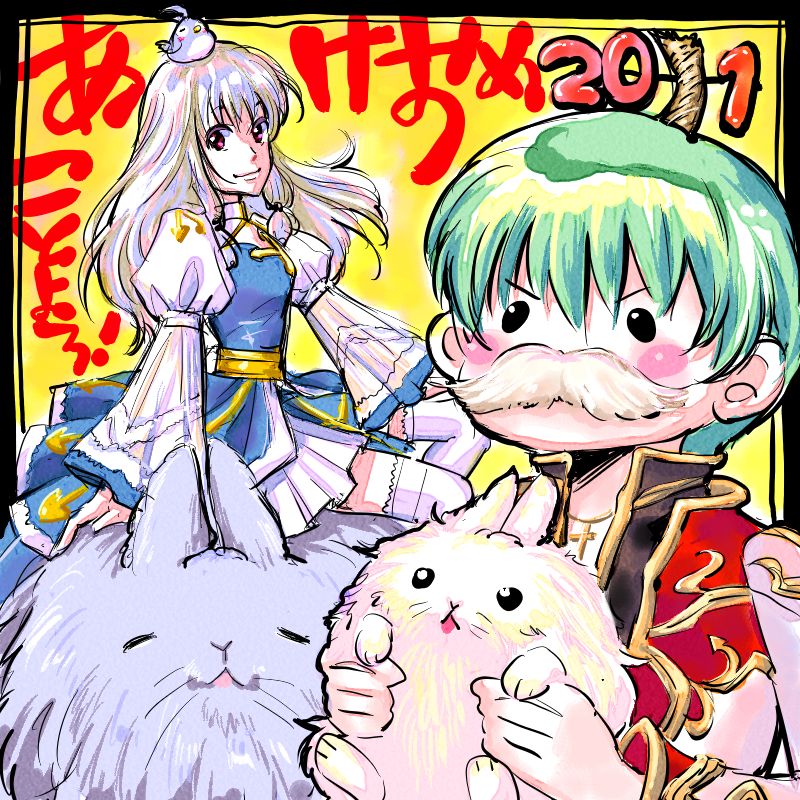 1boy, 1girl, 2011, animal, animal_on_head, arch_bishop_(ragnarok_online), bird, bird_on_head, black_coat, blue_dress, breasts, chinese_zodiac, closed_mouth, coat, commentary_request, cross, dress, eclipse_(ragnarok_online), fake_facial_hair, fake_mustache, gold_trim, green_hair, grey_hair, head_fuse, high_priest_(ragnarok_online), holding, holding_animal, holding_rabbit, juliet_sleeves, long_hair, long_sleeves, looking_at_viewer, lunatic_(ragnarok_online), muiro, multicolored_coat, on_head, pink_coat, puffy_sleeves, rabbit, ragnarok_online, red_coat, red_eyes, sash, short_hair, sitting, small_breasts, smile, solid_circle_eyes, thigh-highs, two-tone_coat, two-tone_dress, upper_body, white_dress, white_thighhighs, year_of_the_rabbit, yellow_background, yellow_sash