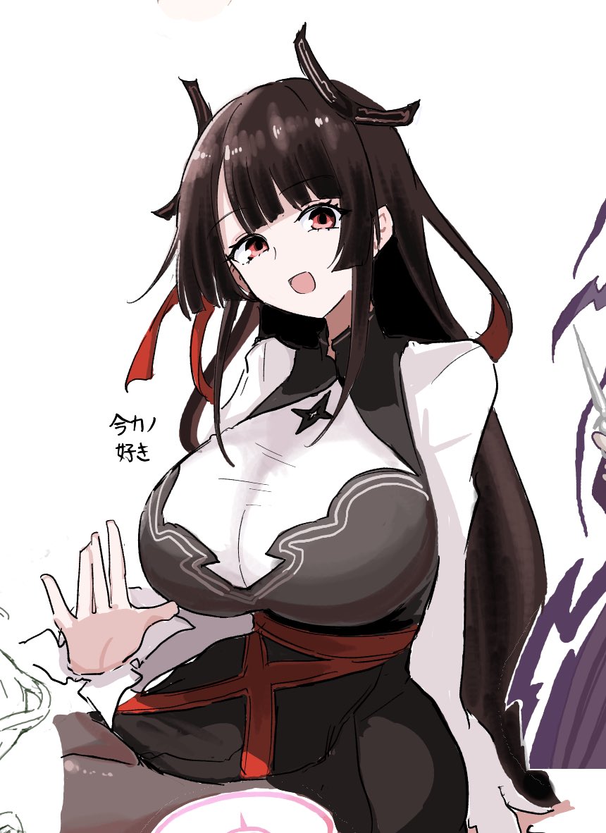 black_hair, blunt_bangs, breasts, dress, hair_ornament, horns, huge_breasts, katsuhiko_(bone_hiko)