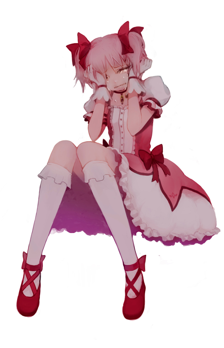 crying, gloves, hair_ribbon, highres, kaname_madoka, kneehighs, magical_girl, mahou_shoujo_madoka_magica