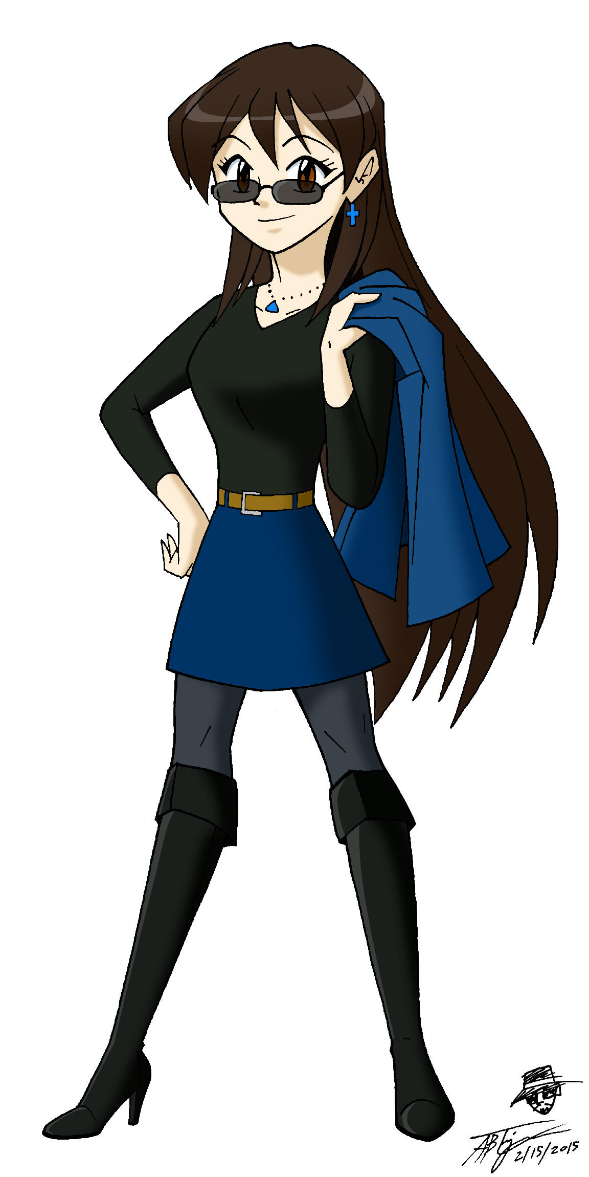 1girl, blue_earrings, blue_neckwear, blue_skirt, boots, brown_eyes, brown_hair, earrings, glasses, grey_leggings, hair_highlights, highres, knee_boots, light_skinned_female, long_hair, long_sleeves, necklace, original, shirt, skirt, solo, tagme, tinted_eyewear, white_background